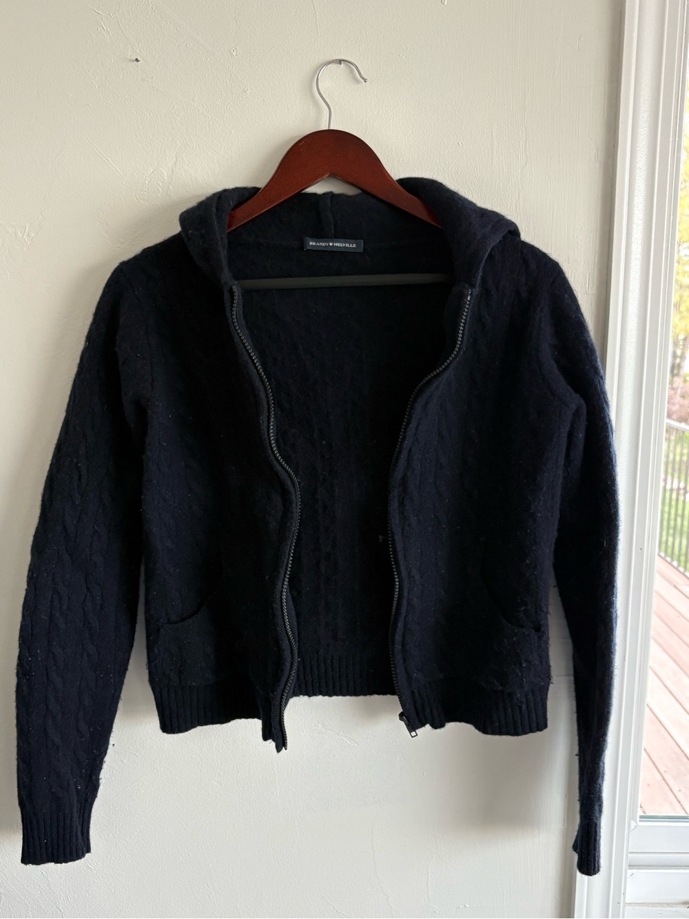 Brandy Melville Black Hooded Zip-Up Cable Knit Sweater